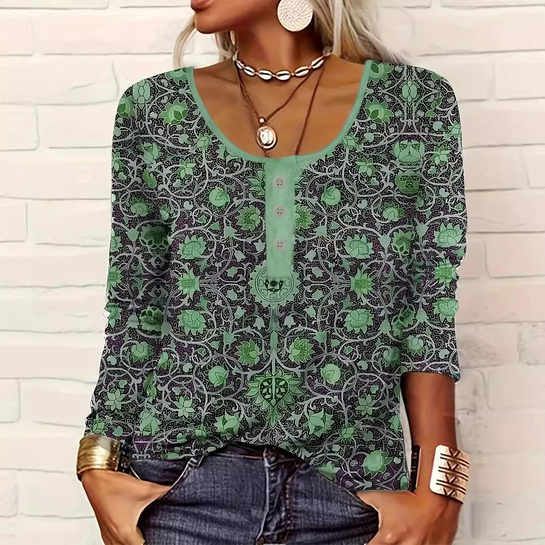 Women Long-Sleeved O-Neck Shirt Fashion Printed Casual Blouses 2025 New Spring Autumn Vintage Ethnic Style Femme Tops Plus Size