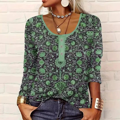 Women Long-Sleeved O-Neck Shirt Fashion Printed Casual Blouses 2025 New Spring Autumn Vintage Ethnic Style Femme Tops Plus Size