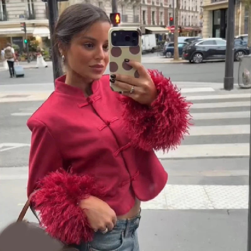 Mandarin Collar Cropped Jacket Women Frog Buttons Faux Fur Cuff Slim Fit Short Coat 2026 Elegant Party Date Ladies Outerwear