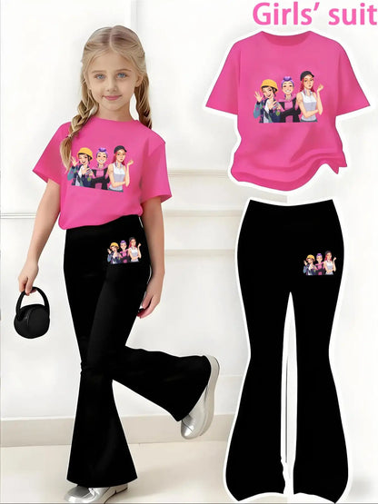 Girls' Summer Short-Sleeved Casual Outfit with Anime Character Print, Regular Short-Sleeved Top and Flared Pants Two-Piece Set, Suitable for Girls Aged 4-12, Versatile Clothing for Home and Outings