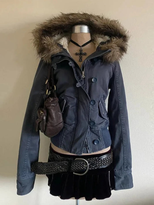American Vintage Slim Jackets with Hooded Women Casual 2025 Winter Safari Coats Retro Clothing Button Warm Tops Elegant Hooded