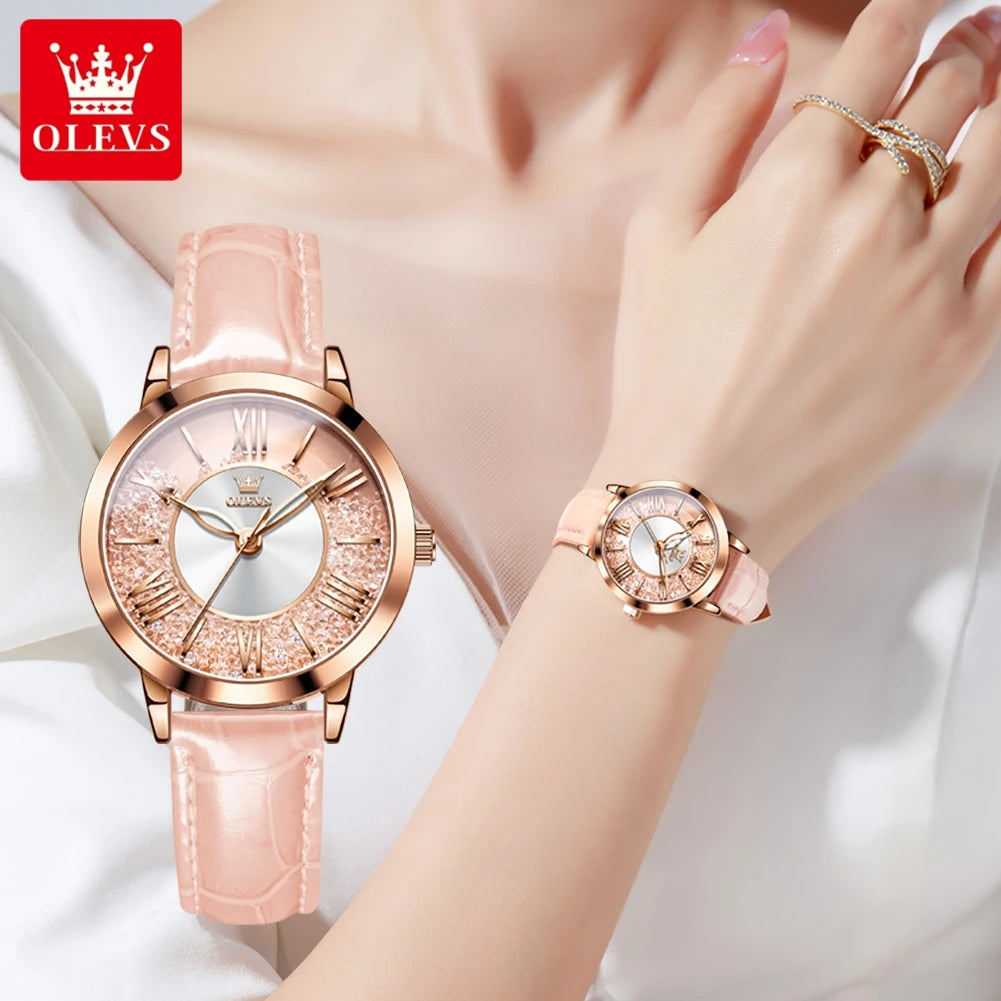 OLEVS Original Pink Leather Watch for Women Elegant Quartz Movement Waterproof Vintage Classic Watch Relojes para Mujer 5539