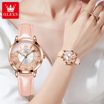 OLEVS Original Pink Leather Watch for Women Elegant Quartz Movement Waterproof Vintage Classic Watch Relojes para Mujer 5539