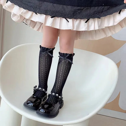 Girls Long Tube Lace Stockings Sweet Bow Jacquard Pattern Mesh Sock Baby Girl Ballet Fishing Net Frilly Socks Lolita Leggings