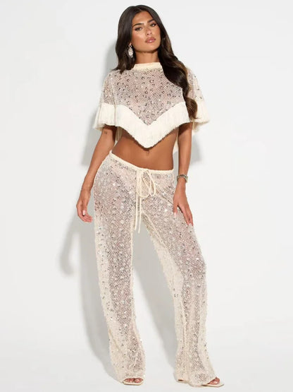 Women Sequin Mesh Tassel Fringe 2 Piece Outfit Short Sleeve Crop Top Drawstring Flare Pants Beach Cover Set Festival Outfit