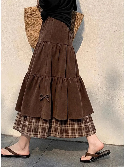 plus Size Women's Vintage Plaid Patchwork Corduroy A-Line  Skirt High Waist Straight Leg Pants Casual  Knot