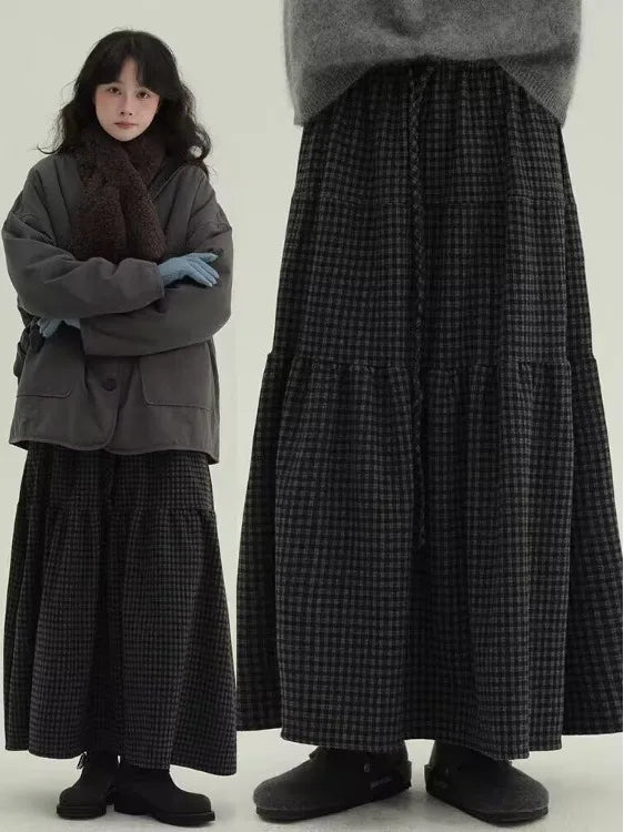 Women's Retro Patchwork Plaid A-Line Midi Skirt Elastic Waist Slimming Versatile Large Size Clothing Casual Long Skirts
