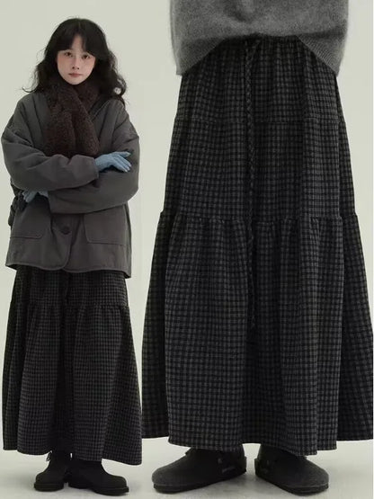 Women's Retro Patchwork Plaid A-Line Midi Skirt Elastic Waist Slimming Versatile Large Size Clothing Casual Long Skirts