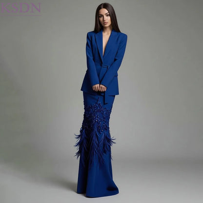 Elegant Beading Evening Women's Blazer Dress Fashion One-Button Peak Lapel Slim Fit Feathers 2 Piece Jacket With Skirts