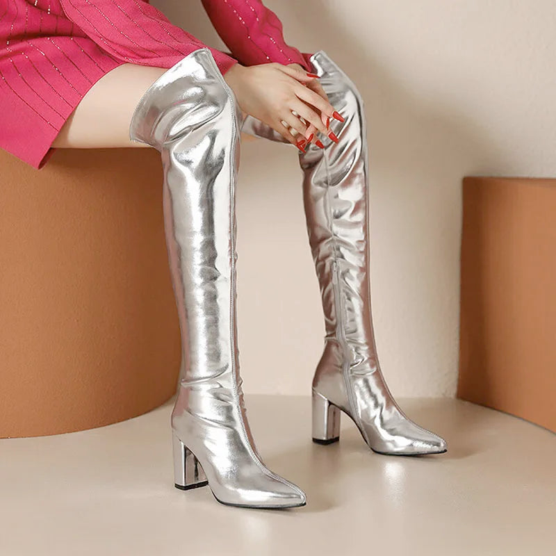 Women's Metallic Over-the-Knee Block-Heel Boots