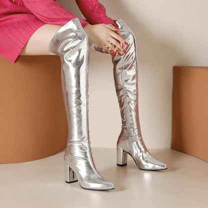 Women's Metallic Over-the-Knee Block-Heel Boots