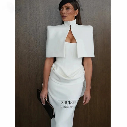 Vintage Wedding Guest Dress with Cape Elegant White Party Evening Gowns Mermaid White Cocktail Dresses Ankle-length Customized