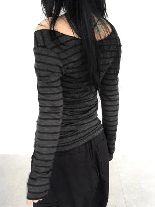 Women's Dark Grey Striped Off-Shoulder Top