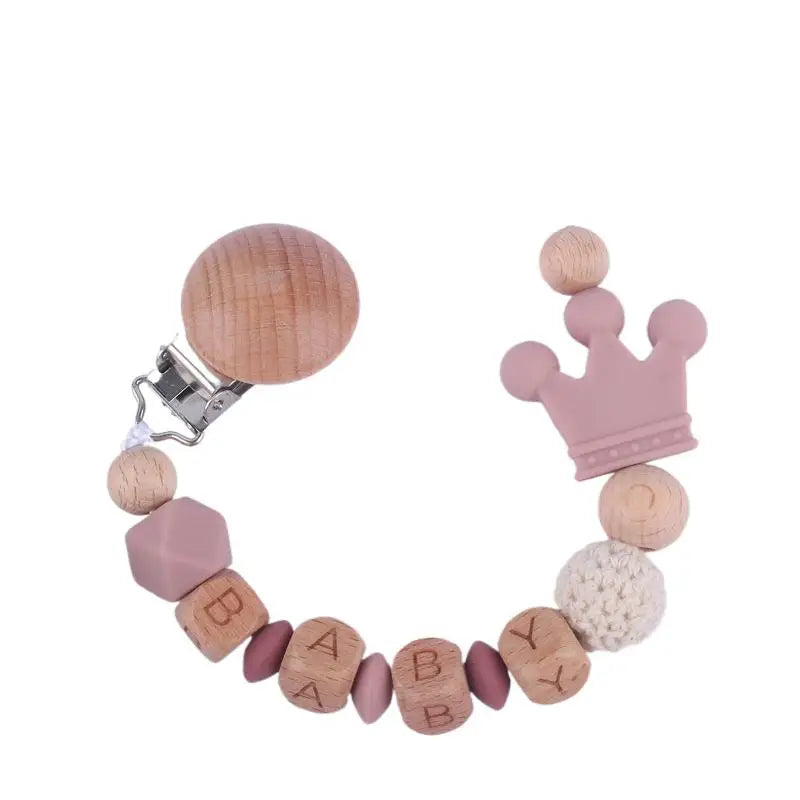 Handmade Beech Wood Baby Pacifier Chain Crown Silicone Beads Infant Appease Soother Clips Anti-Drop Dummy Holder Nipple Clip