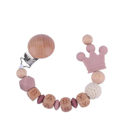 Handmade Beech Wood Baby Pacifier Chain Crown Silicone Beads Infant Appease Soother Clips Anti-Drop Dummy Holder Nipple Clip