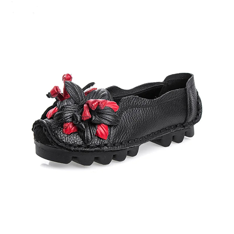 Genuine Leather Ballet Flats Women's Slip On Loafers Vintage Handmade Flower Soft Muffin Platform Casual Walk Dress Shoes Woman
