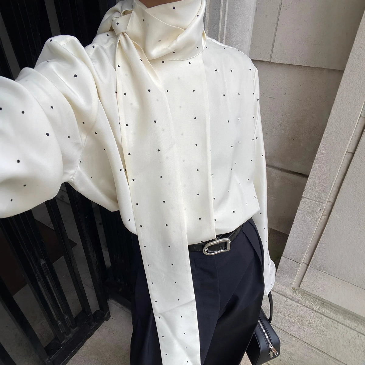Elegant Women's Polka Dot Scarf Neck Blouses Long Sleeve Loose Shirts 2026 New Casual Commute Office Lady Tops White Black Brown