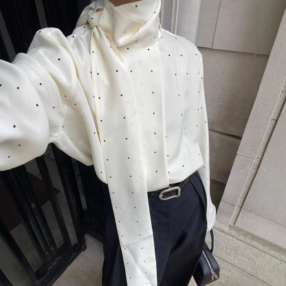 Elegant Women's Polka Dot Scarf Neck Blouses Long Sleeve Loose Shirts 2026 New Casual Commute Office Lady Tops White Black Brown