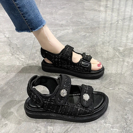 Platform Sandals Handmade Women Lattice Hook Loop Plaid Cloth Round Toe Summer Casual Ladies Outdoor Shoes