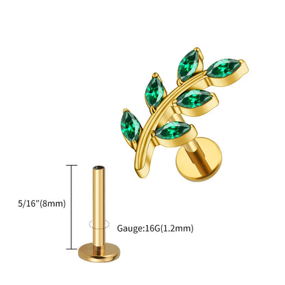 Right Grand ASTM F136 Titanium 16G Marquise CZ Leaves Stud Earring Leaf Shaped Helix Cartilage Conch Flat Back Piercing Jewelry