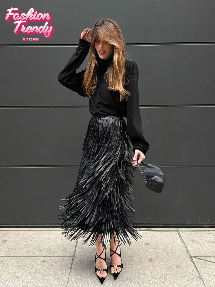 Shiny Sequin Tassel Half Skirts Women Casual Pure Color European Waist Cinching Long Skirt Lady Autumn Wear New 2026 Style