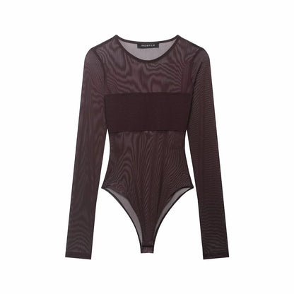Women Sexy Mesh See Through Bodysuit Women Long Sleeve Sheer Bodysuits O Neck Bodycon Jumpsuit Female Romper