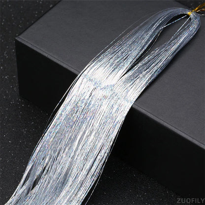 Laser Holographic Hair Tinsel Extensions Rainbow Metallic Shiny Glitter Hair Strand Sparkly Synthetic Hair for Braiding Festival