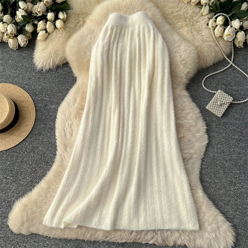 KARWomen Faux Mink Knit Pleated Midi Skirt High Waist Warm Fluffy A-Line Long Skirt Elegant Autumn Winter Solid Color Skirts 690