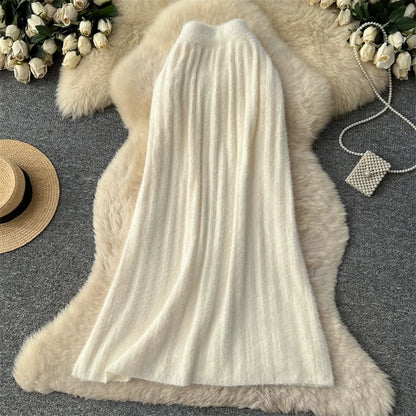 KARWomen Faux Mink Knit Pleated Midi Skirt High Waist Warm Fluffy A-Line Long Skirt Elegant Autumn Winter Solid Color Skirts 690