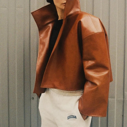 Loose Solid Women's Pu Leather Jacket Long Sleeve Stand Collar Lady Coats Crop Tops 2026  Autumn Fashion Female Street Outerwear