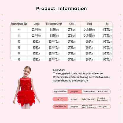 Kids Girls Ballet Leotard Dress Dance Performance Costume Long Sleeve Sheer Mesh Patchwork Sequins Feather Velvet Tulle Dress
