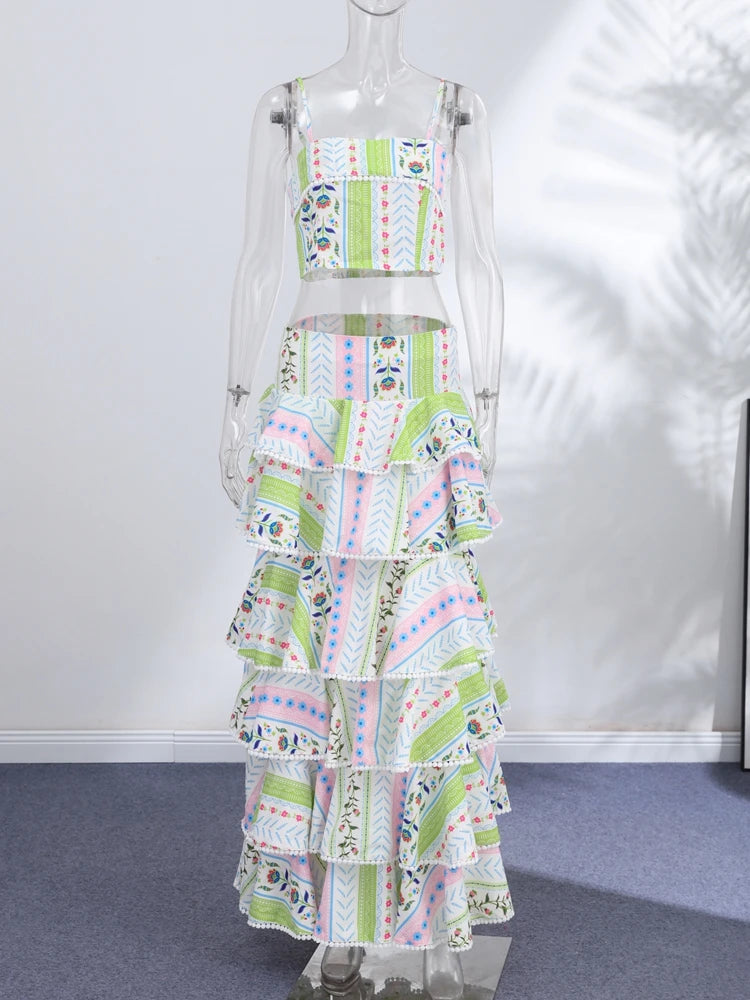 Vacation Floral Printed Cascading Ruffle Skirt Sets Women Sleeveless Sling Top Cake Long Skirts 2026 Summer Holiday Sweet Outfit