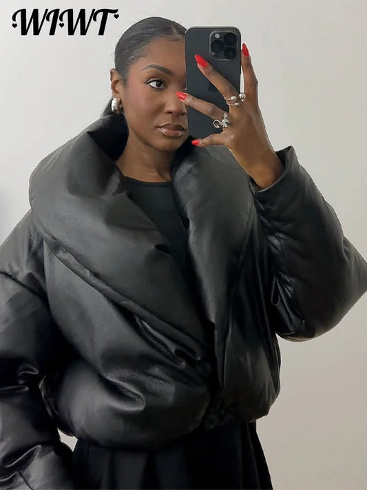 Solid Leather Turn Down Collar Cotton Coat 2026 Winter Ladies Warm Pockets Cropped Padded Jackets Women's High Street Outwear