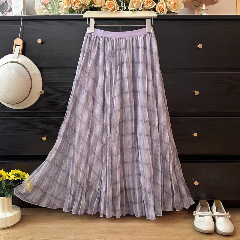 Retro Plaid Print Tulle Maxi Skirt for Women, Spring Summer High Waist Slim A-Line Pleated Midi Skirt, Flowy Ball Gown Style