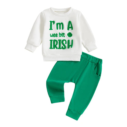 Citgeett Spring St. Patrick's Day Toddler Baby Boys Girls Outfits Long Sleeve Clover Embroidery Sweatshirt + Pants Set Clothes