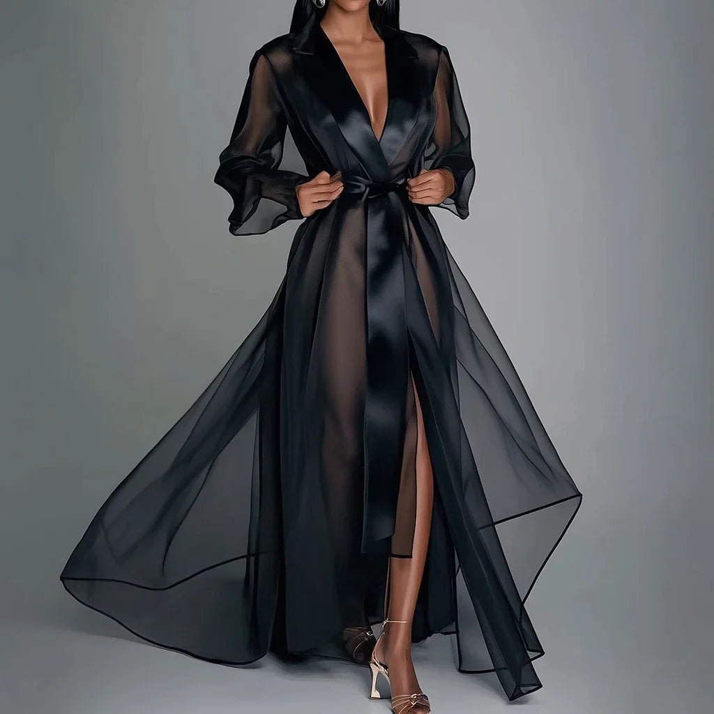 Organza See-Through Long Sleeve Lace Up Robe Maxi Dress Elegant Vintage Sexy V-Neck Sheer Mesh Split Hem Casual Maxi Dresses