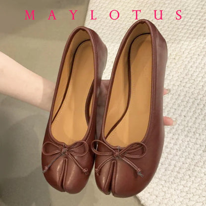 Spring Women Flat Split Toe Shoes with Bow Soft Leather Bow Tie Front Shallow Slip On  Girls Tabi Shoes Flats Ballet Shoes