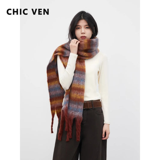 CHIC VEN New Fashion Women Long Scarfs Soft Sticky Female Scarf Contrast Striped Warm Autumn Winter 2026 Clothing Accessories