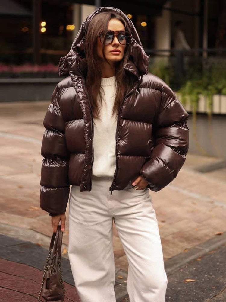 Hooded Glossy Women Winter Coat Loose Thicken Long Sleeve Elastic Hem Jackets Oversized Stand Collar Warm Street Outerwear Lady