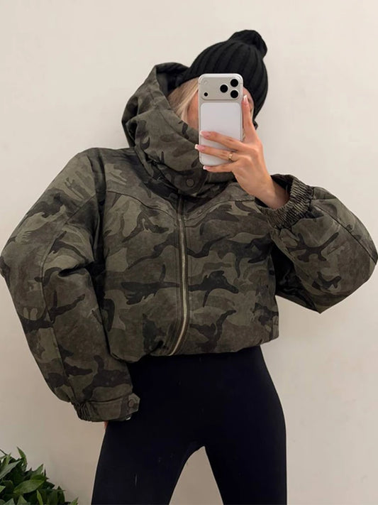 Women Camo Print Hooded Zipper Jacket Elastic Cuff Jacket Cropped Short Length Loose Puffer Winter Warm Winter Street Jackets