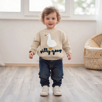 Toddler Baby Goose Sweater Animal Letter Embroidered Crewneck Long Sleeve Pullover Chunky Knit Tops