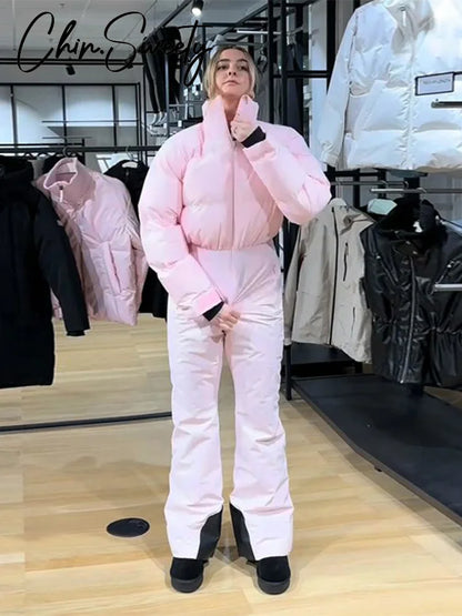 Casual Thicken Women's Ski Jumpsuits Stand Collar Full Sleeve Zippers High Waist Lady Rompers 2025 Winter Female Skiwear New
