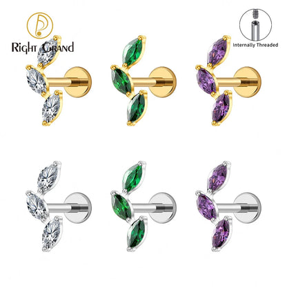 Right Grand ASTM F136 Titanium Triple Marquise Labret Stud 16G CZ Cluster Climber Cartilage Earring Tragus Helix Ear Piercing