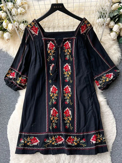 Women Summer Dress Retro Ethnic Style Square Neck Quarter Sleeve Embroidered Loose A-line Holiday Style First Love Dress D3980