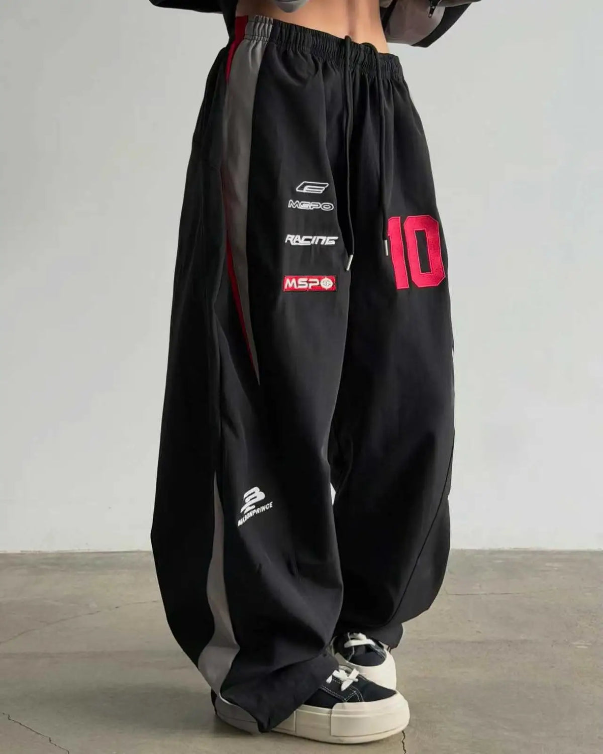 American White Racing Suit Set Women Red White Navy Blue Contrasting Embroidery Loose Jacket Wide Leg Sports Pants Two-piece Set