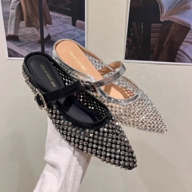 New 2025 Luxury Crystal Footwear Silver Women Flat With Shoes Female Pointed Toe Fashion Rhinestones Shallow Ladies Flats Shoes