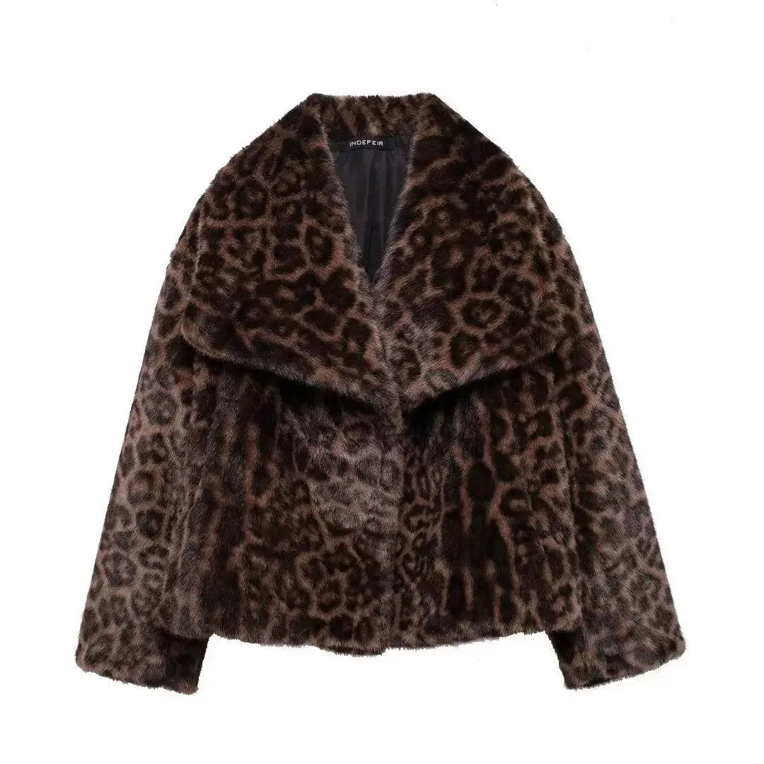Leopard Print Warm Faux Fur Coat Women Fashion Keep Warm Lapel Collar Long Sleeves Thick Fur Coats Winter New Female Streetwear