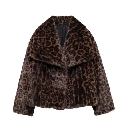 Leopard Print Warm Faux Fur Coat Women Fashion Keep Warm Lapel Collar Long Sleeves Thick Fur Coats Winter New Female Streetwear