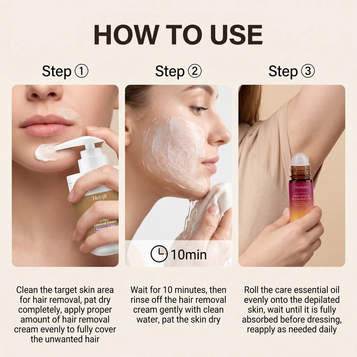 Facial Hair Removal Cream & After Care Roll On Oil Set Coconut Gentle Formula Smooth Skin Soothing Face Armpit Leg Nourishing