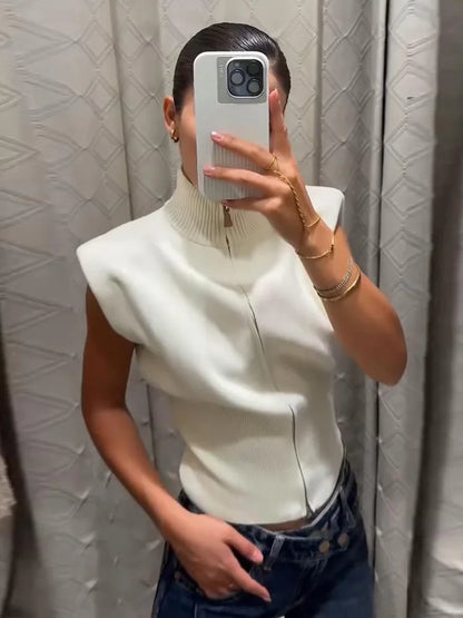 Women's Double Zipper Knit Vest Stand Collar Shoulder Pad Sleeveless Slim Cropped Sweater 2026 Autumn All-match Casual Outfits